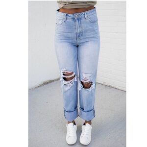 VERVET BY FLYING MONKEY Light Blue Distressed Straight Leg Jeans